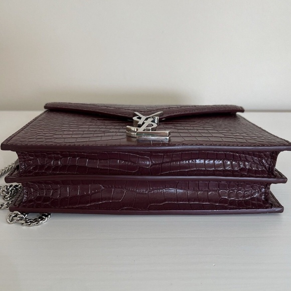 Yves SAINT LAURENT Calfskin Crocodile Embossed Cassandra Shoulder Bag Dark Red - Picture 10 of 13